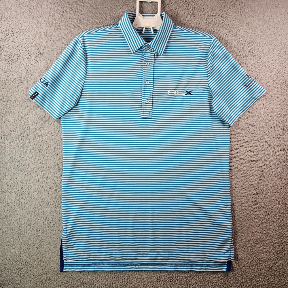 RLX Ralph Lauren Polo Shirt Men Medium‎ Short Sleeve White Blue Striped